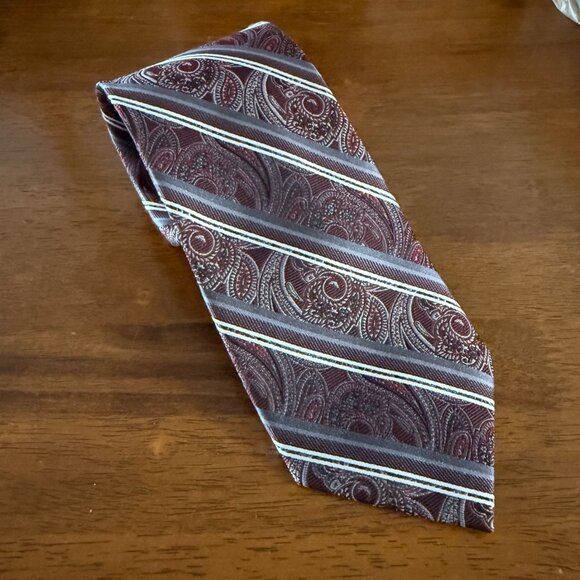 Pronto Uomo Couture 100% Silk Burgundy Paisley Striped Mens Neck Tie - Picture 8 of 10